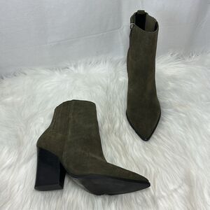 Marc Fisher Mariel Olive Green Leather Block Heel Booties‎ Sz 8.5